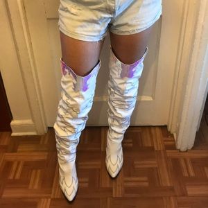 Thigh High White Hologram Cowboy Boots Size 9